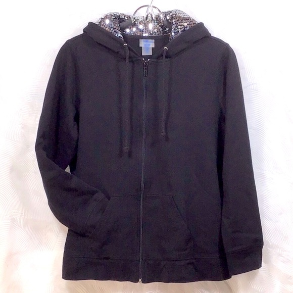 VTG 90s L.A.BLUES ‘Active’ Black Silver Sequin Hoodie Jacket with Pockets - Picture 7 of 7